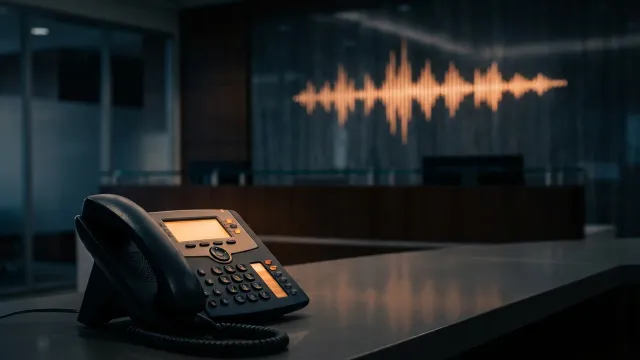 Telephone de bureau professionnel avec onde sonore orange sur fond sombre
