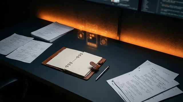 Bureau professionnel avec scripts telephoniques et icones de telephone flottantes