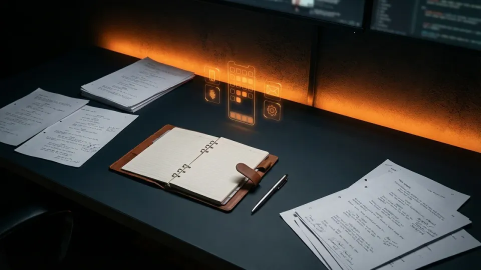 Bureau professionnel avec scripts telephoniques et icones de telephone flottantes