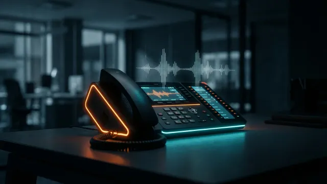 Telephone professionnel moderne avec ondes sonores et accents lumineux orange et cyan