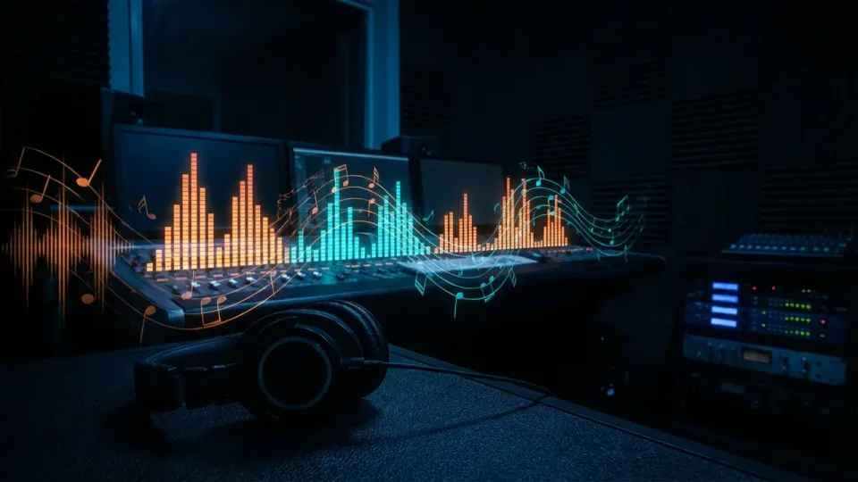 Studio audio avec egaliseur lumineux orange et cyan, casque et console de mixage