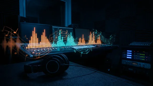 Studio audio avec egaliseur lumineux orange et cyan, casque et console de mixage