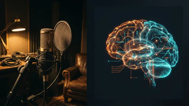 Comparaison studio traditionnel avec microphone et reseau neuronal IA en orange et cyan